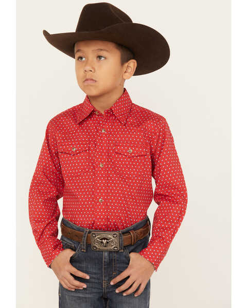 Image #1 - Wrangler 20x Boys' Geo Print Long Sleeve Western Snap Shirt, Red, hi-res