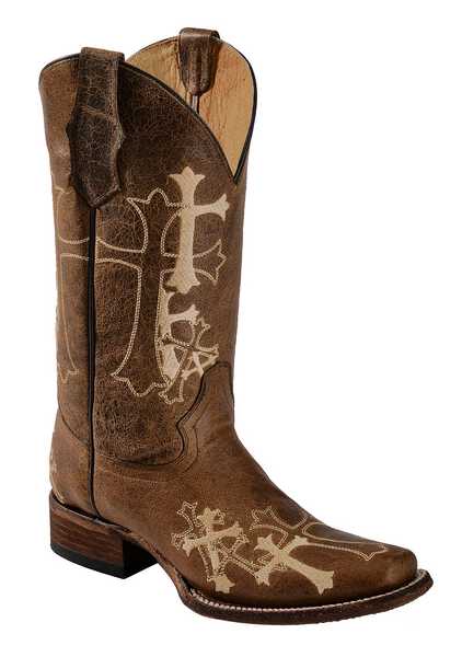 Circle G Women's Cross Embroidered Cowgirl Boots - Square Toe, Chocolate, hi-res