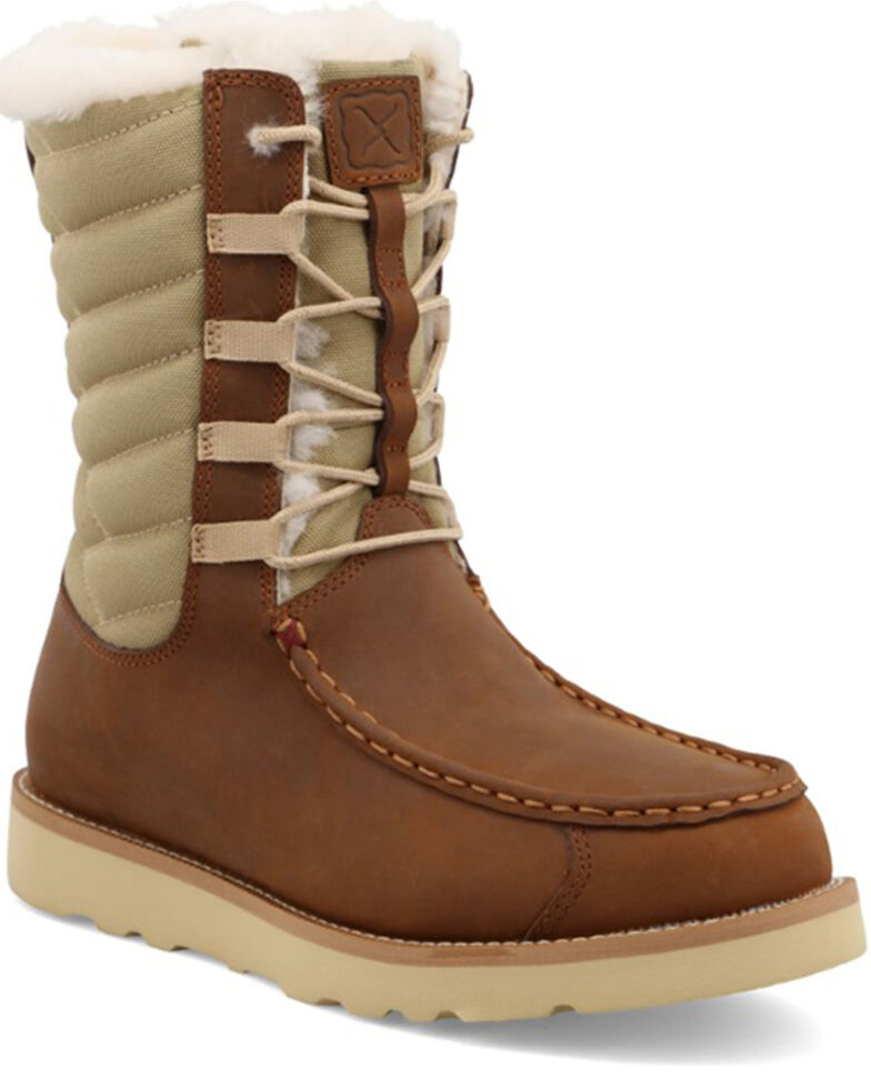 Twisted X Women's Oiled Saddle Lace-Up Shearling Lined Wedge Sole Boots - Moc Toe, Brown, hi-res