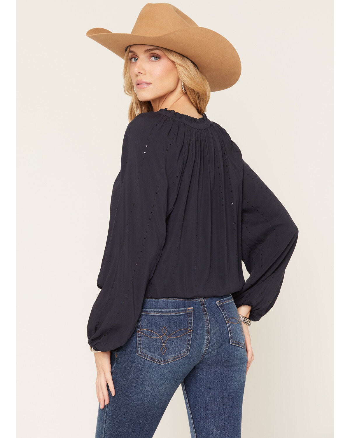 Image #4 - Lovestitch Women's Tonal Sequins Long Sleeve Peasant Top, Navy, hi-res
