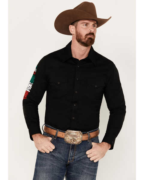 Rock & Roll Denim Men's Mexico Logo Long Sleeve Western Snap Shirt, Black, hi-res