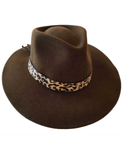 Nikki Beach Women's Leopard Brown Sabi Western Felt Rancher Hat, Brown, hi-res