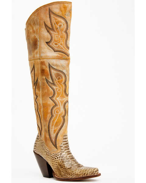 Image #1 - Dan Post Women's 20" Faux Python Aretha Tall Western Boots - Snip Toe , Honey, hi-res