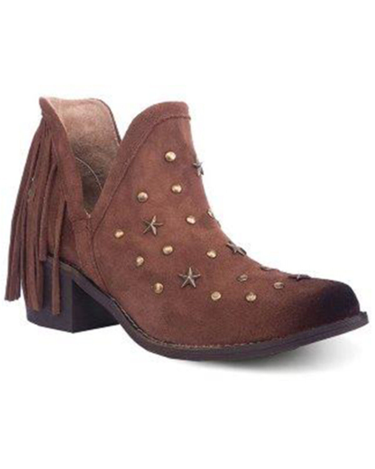 Image #1 - Circle G Women's Fringe Studded Roughout Booties - Round Toe, Brown, hi-res