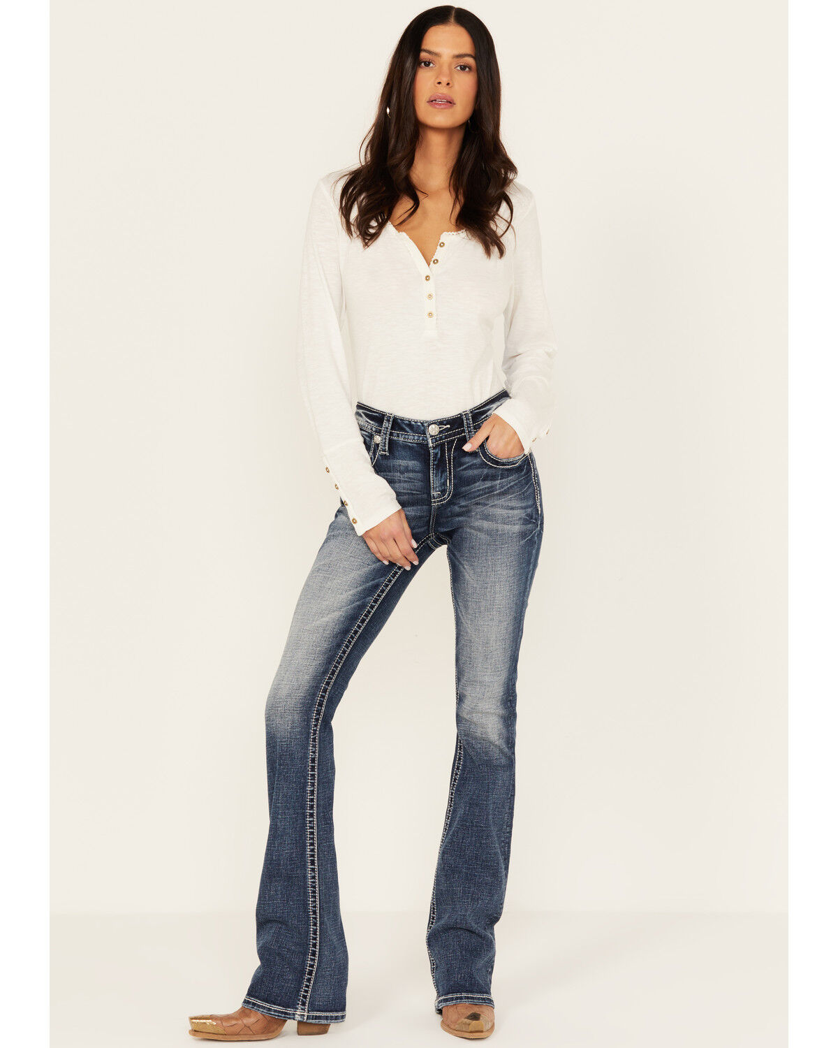 Image #3 - Miss Me Women's Dark Wash Mid Rise Faux Flap Pocket Bootcut Stretch Denim Jeans, Dark Wash, hi-res