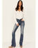 Image #3 - Miss Me Women's Dark Wash Mid Rise Faux Flap Pocket Bootcut Stretch Denim Jeans, Dark Wash, hi-res