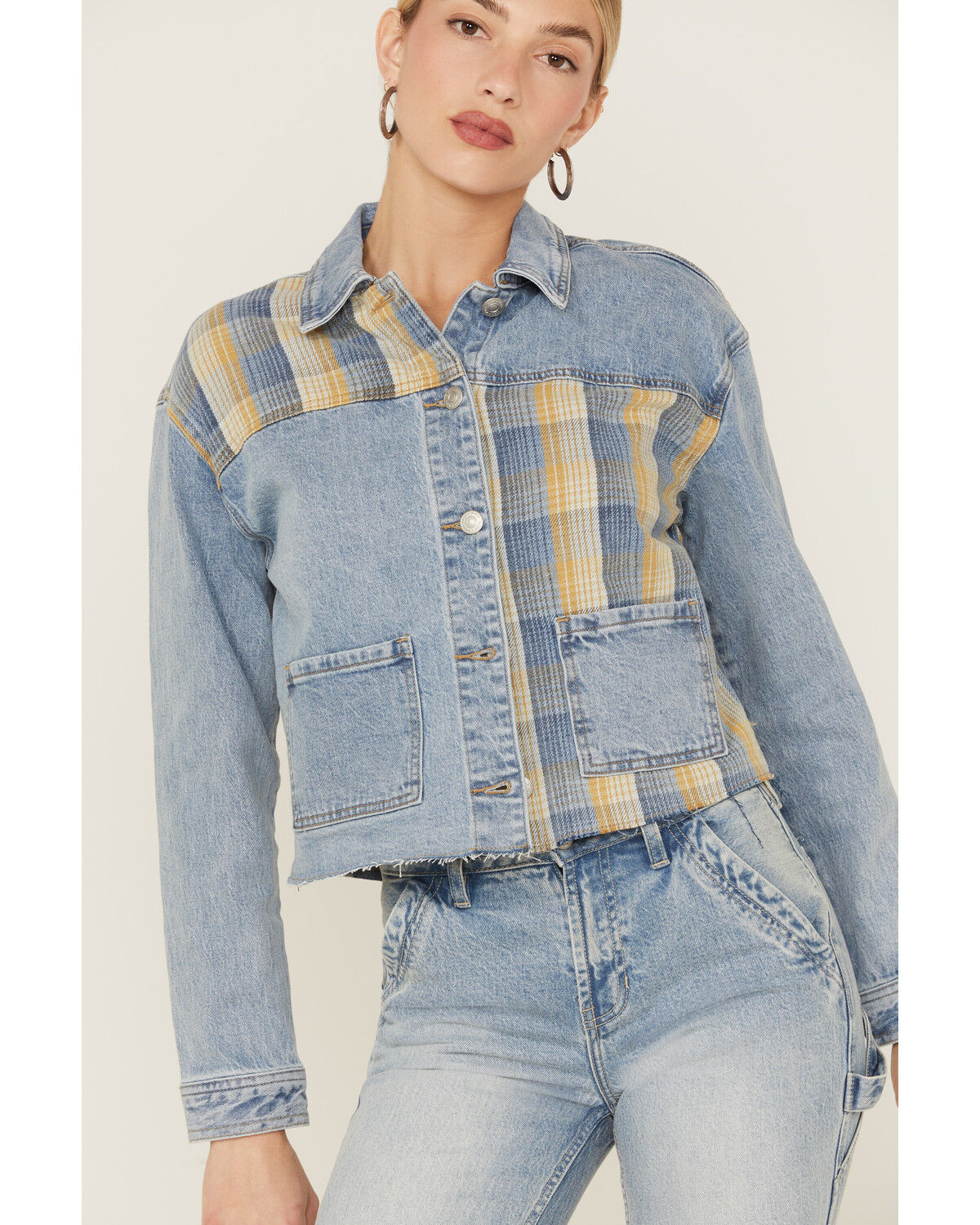 Image #2 - Cleo + Wolf Women's Oversized Plaid Mix Denim Cropped Jacket, Light Medium Wash, hi-res