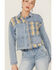 Image #2 - Cleo + Wolf Women's Oversized Plaid Mix Denim Cropped Jacket, Light Medium Wash, hi-res