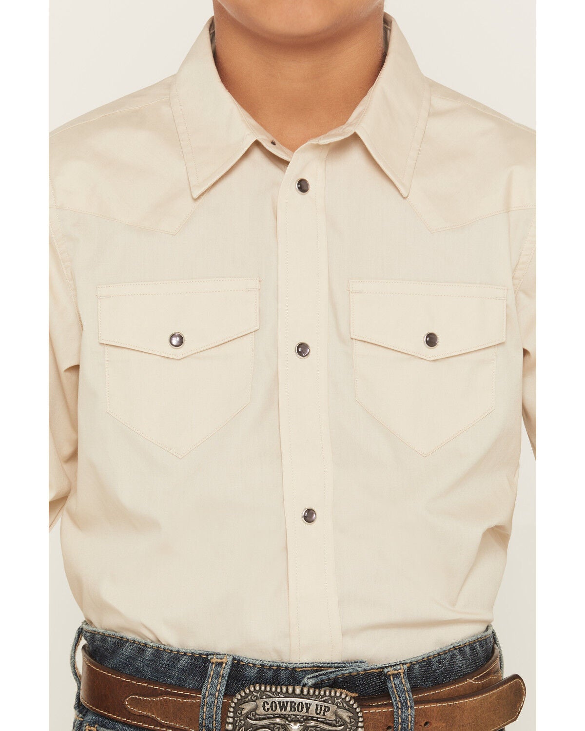 Image #3 - Gibson Trading Co Boys' Solid Basic Long Sleeve Pearl Snap Western Shirt, Tan, hi-res