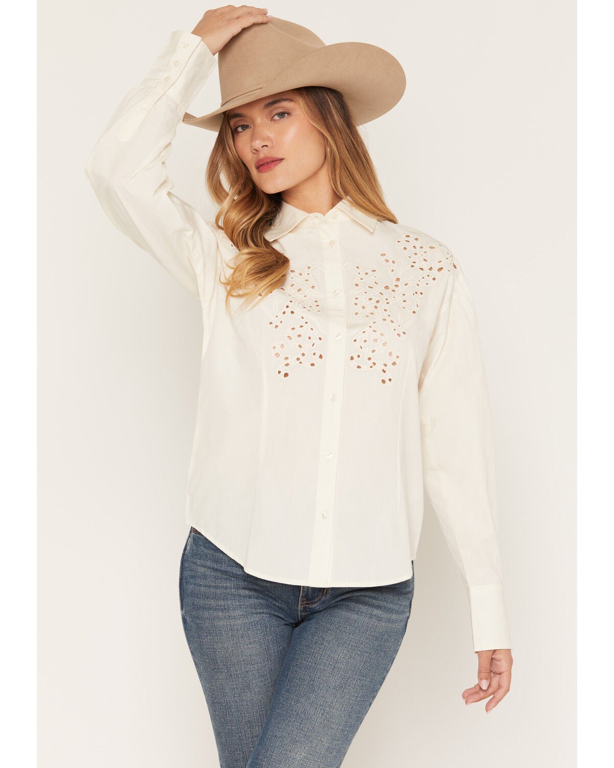 Image #1 - Shyanne Women's Clover Embroidered Cutout Balloon Sleeve Top, Natural, hi-res