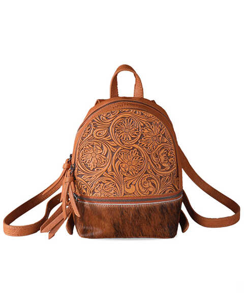 Trinity Ranch Women's Hairon Cowhide Tooled Mini Backpack , Lt Brown, hi-res