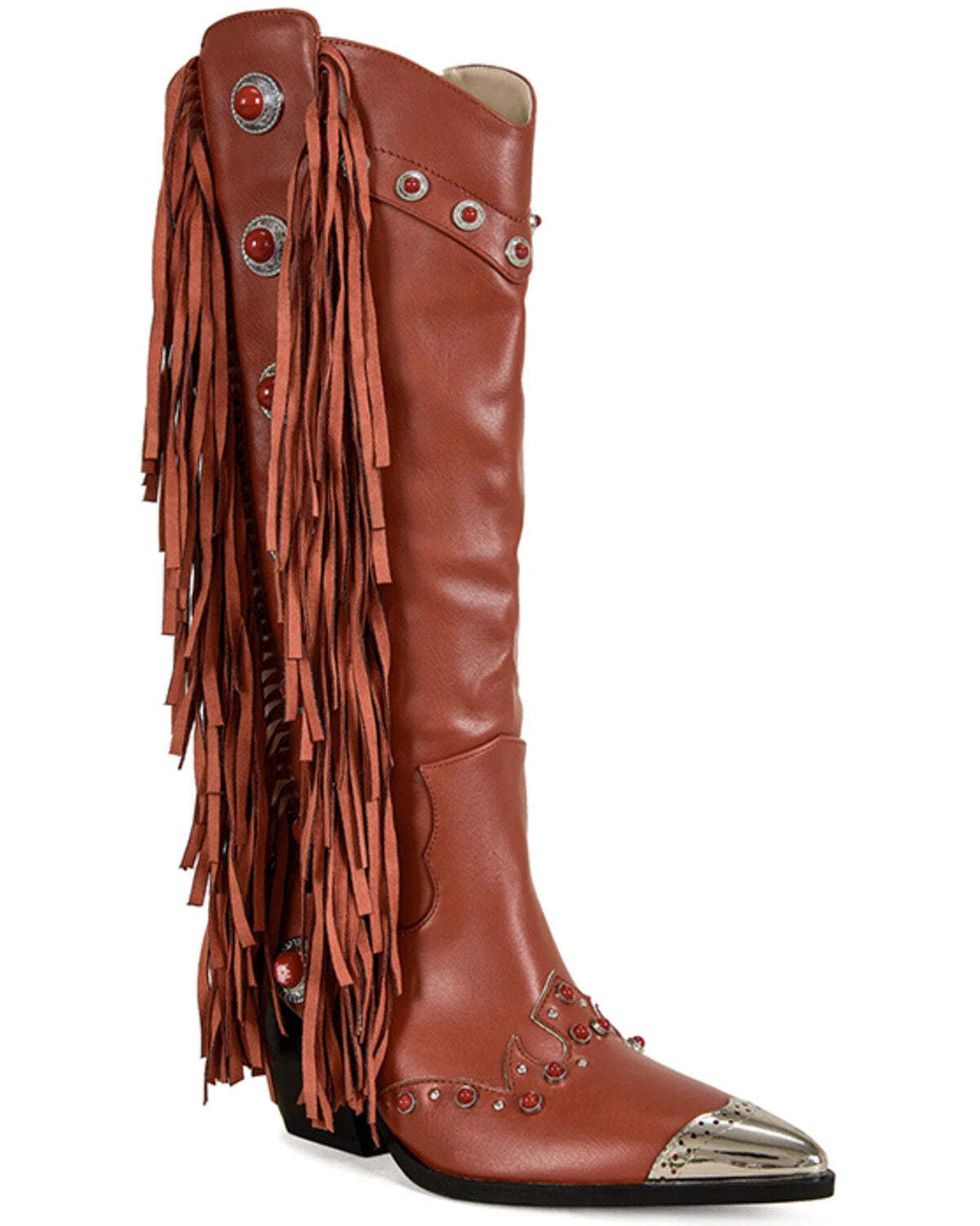 Azalea Wang Women's Pelagius Tall Fringe Western Boots - Round Toe, Red, hi-res