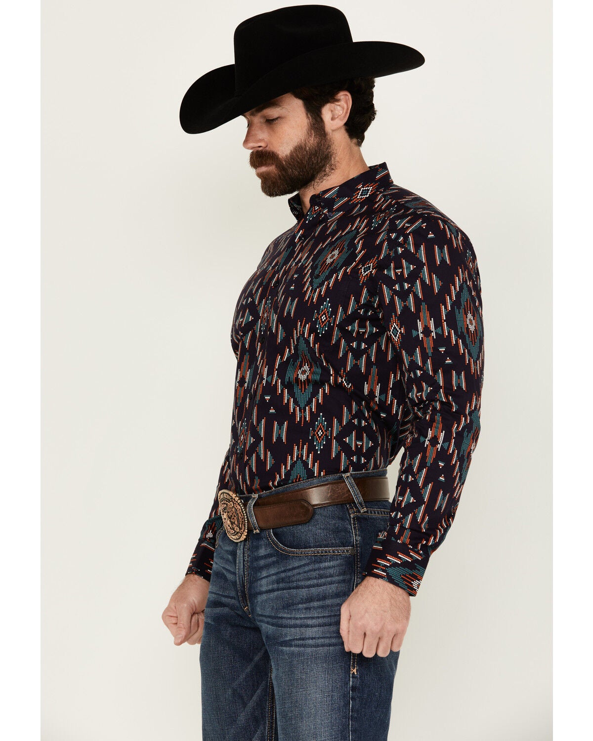 Image #2 - RANK 45&reg; Men's Hilsborrow Southwester Print Long Sleeve Button-Down Stretch Western Shirt, Dark Blue, hi-res