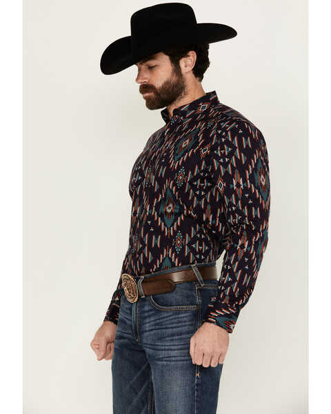 Image #2 - RANK 45® Men's Hilsborrow Southwester Print Long Sleeve Button-Down Stretch Western Shirt , Dark Blue, hi-res