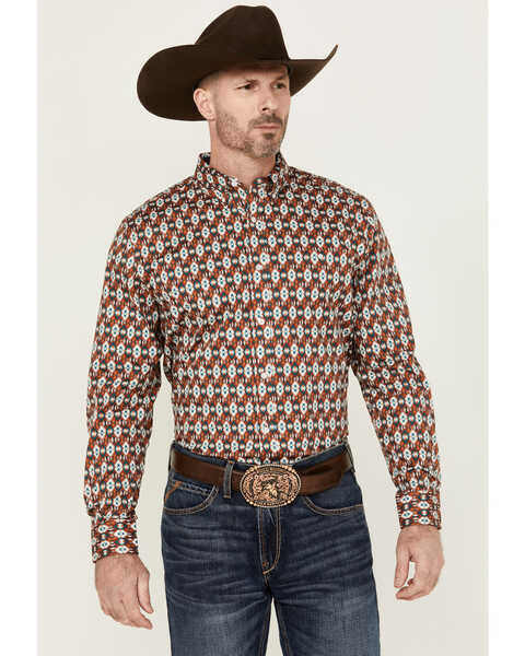 RANK 45® Men's Multaz Southwestern Print Geo Print Long Sleeve Button-Down Performance Stretch Western Shirt , Teal, hi-res