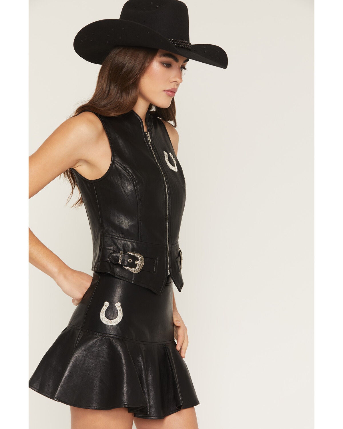 Image #3 - Blue B Women's Faux Leather Horseshoe Studded Buckle Vest, Black, hi-res