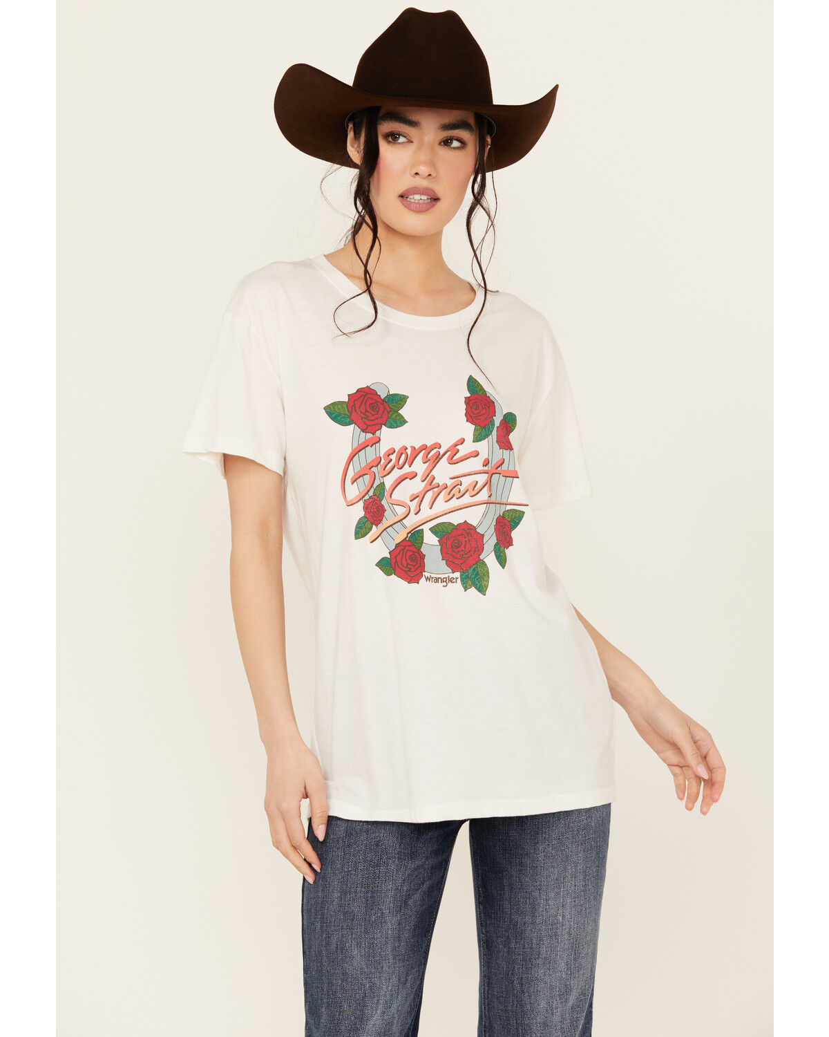 Image #1 - Wrangler Women's George Strait Floral Short Sleeve Graphic Tee, White, hi-res