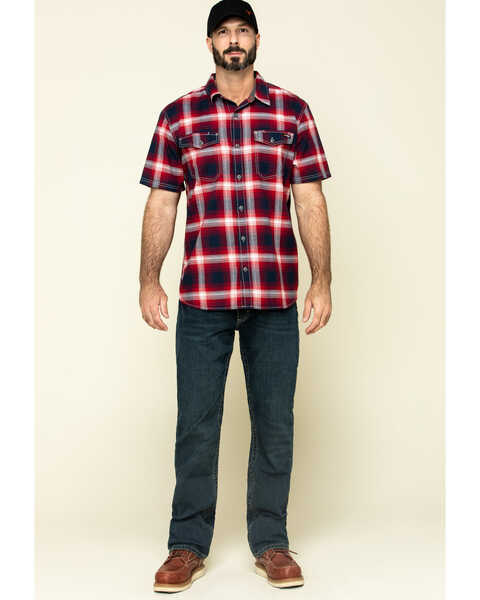 Hawx Men's Bullhead Indigo Plaid Short Sleeve Work Shirt , Black Cherry, hi-res