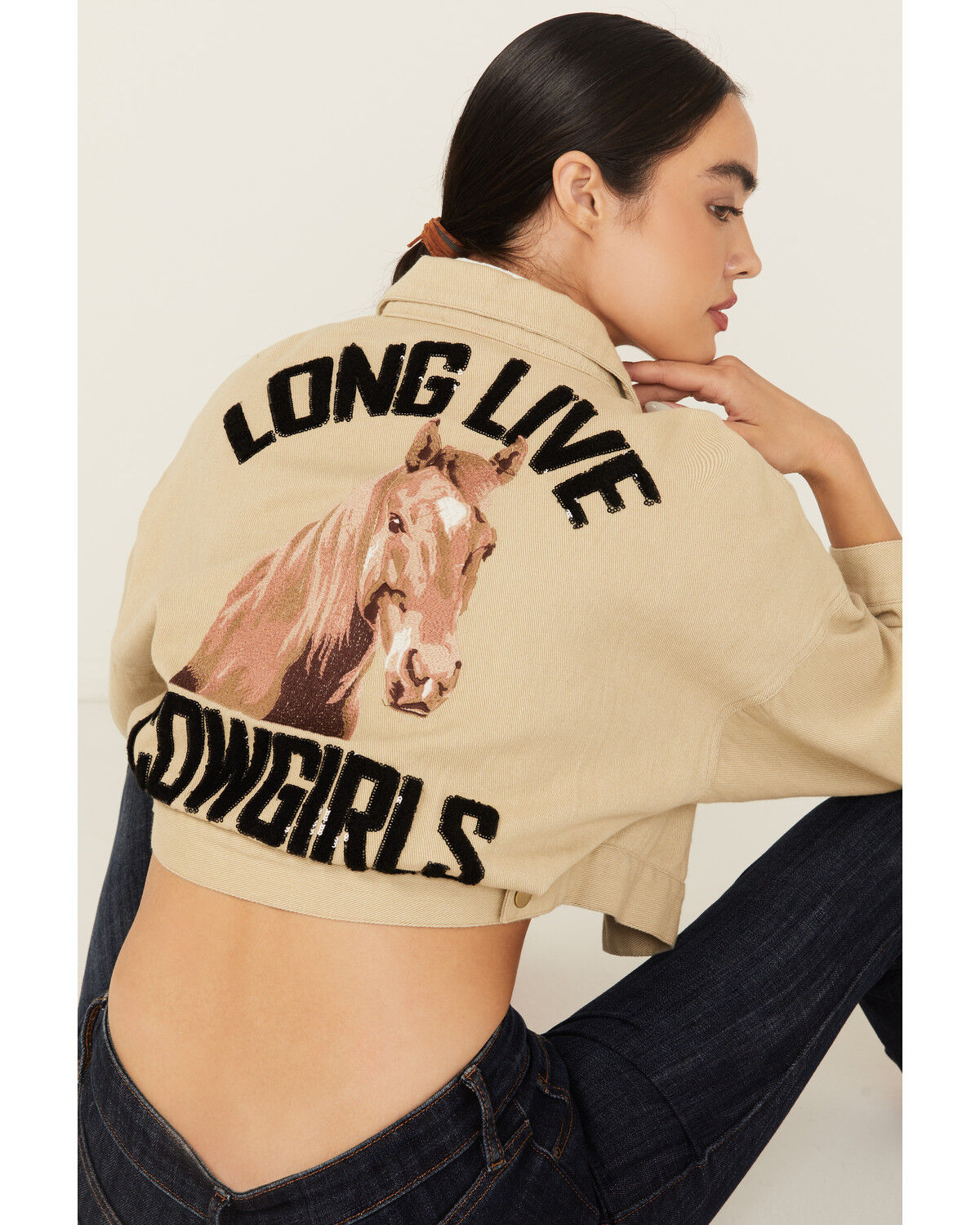 Image #1 - Blue B Women's Long Live Cowgirls Cropped Denim Jacket, Taupe, hi-res
