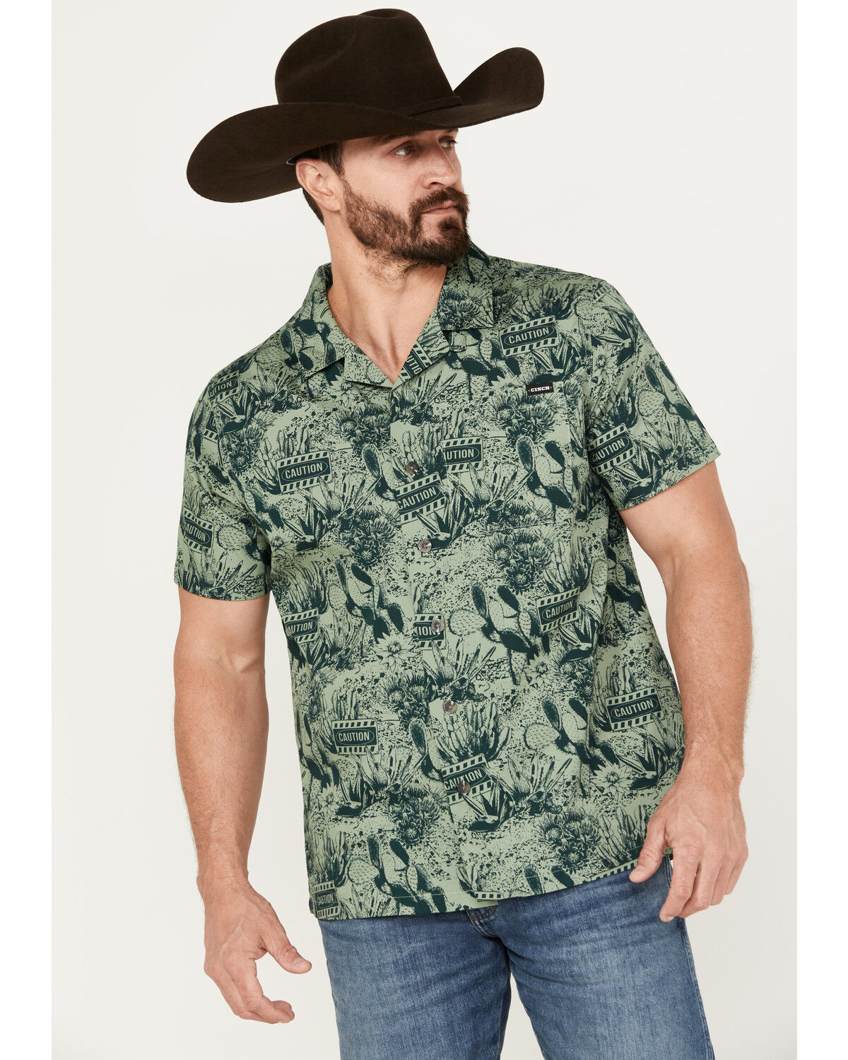 Image #1 - Cinch Men's Camp Tumbleweed Cactus Caution Short Sleeve Button-Down Shirt, Green, hi-res