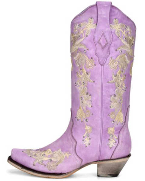 Image #3 - Corral Women's Embroidered Floral & Crystal Studded Tall Western Boots - Snip Toe, Light Purple, hi-res