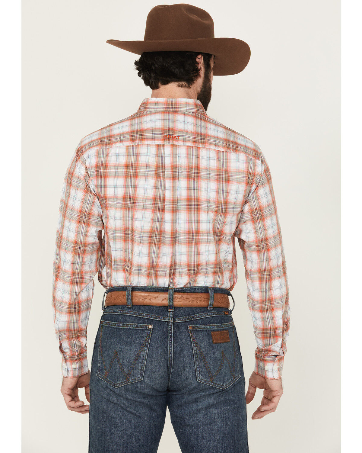 Image #4 - Ariat Men's Wallis Pro Series Plaid Print Long Sleeve Button-Down Stretch Western Shirt, Orange, hi-res