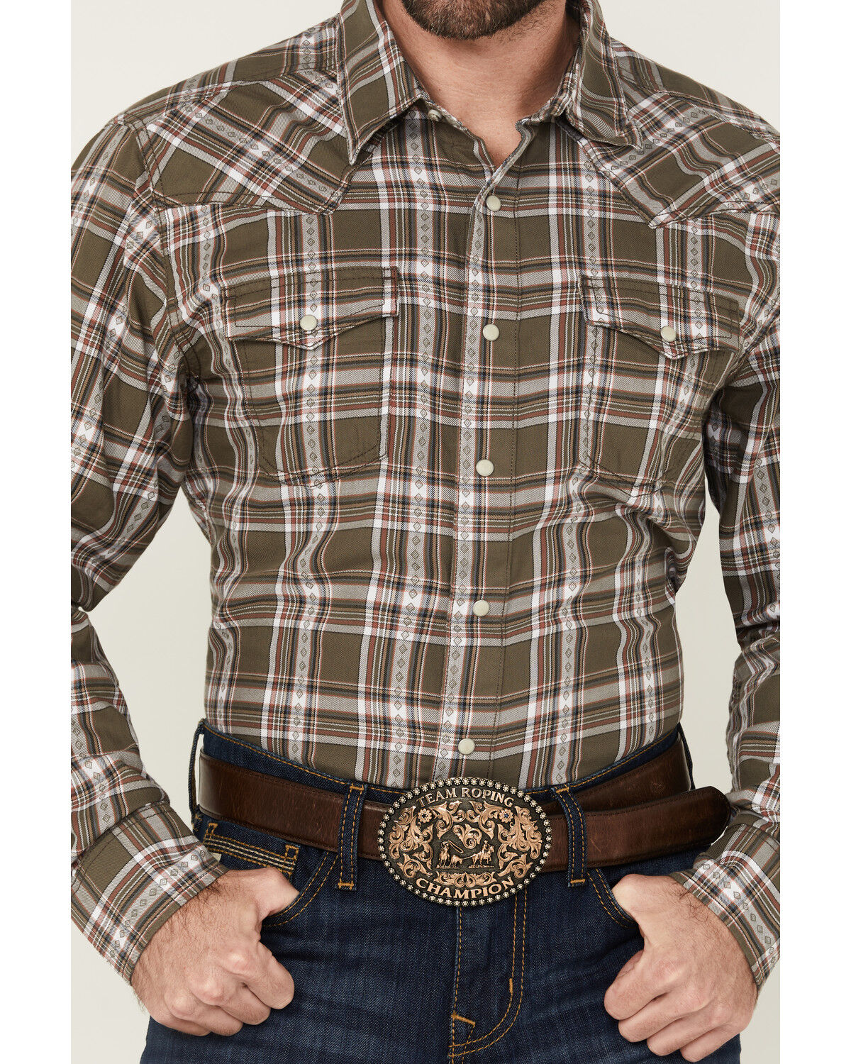 Image #3 - Wrangler Retro Men's Plaid Print Long Sleeve Snap Western Shirt, Brown, hi-res