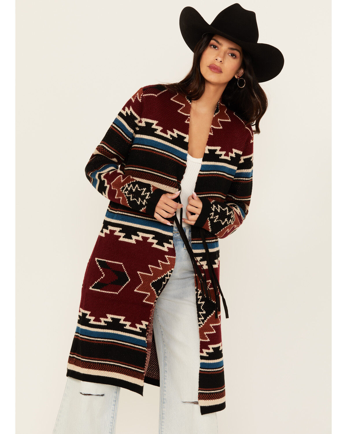 Image #1 - Cotton & Rye Women's Southwestern Print Long Concho Cardigan, Burgundy, hi-res
