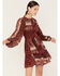Image #1 - Flying Tomato Women's Paisley Patchwork Smocked Dress, Burgundy, hi-res