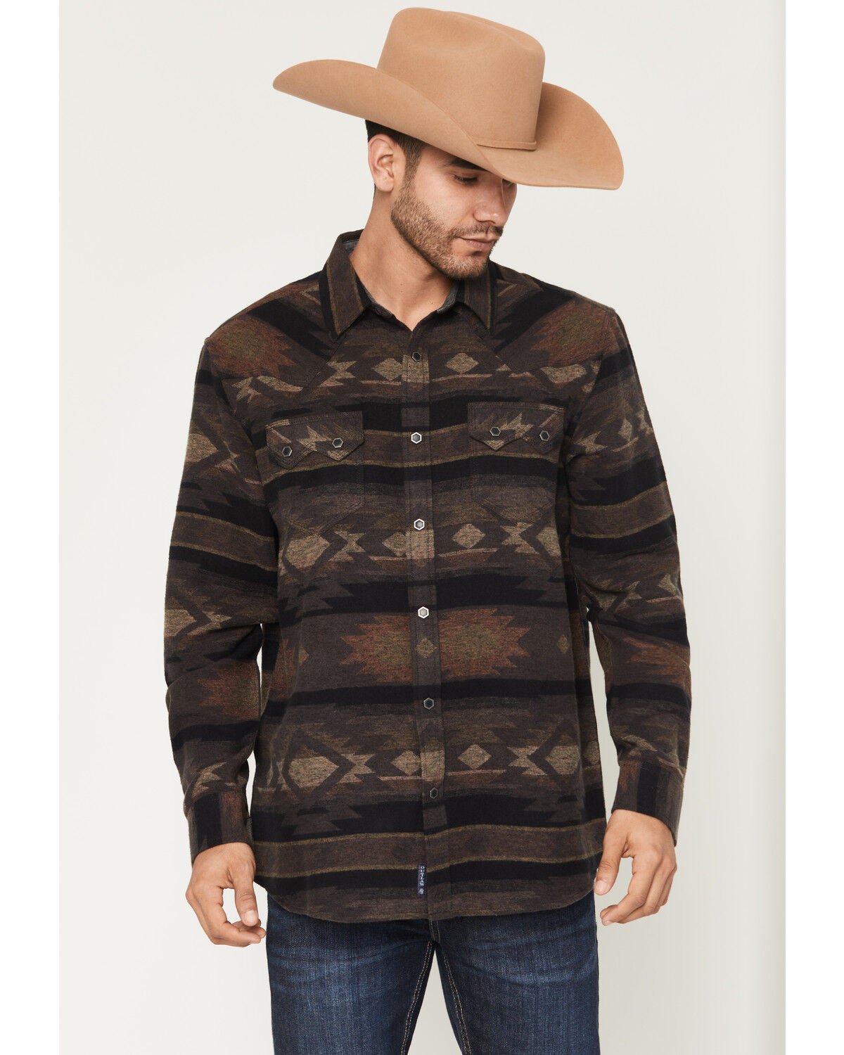 Image #1 - Moonshine Spirit&reg; Men's Denver Tonal Southwestern Print Long Sleeve Snap Flannel Shirt, Brown, hi-res