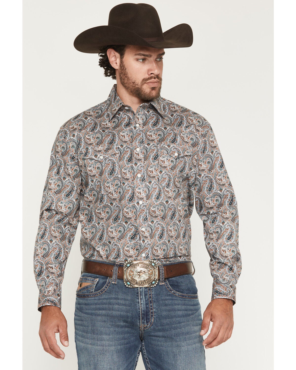 Panhandle Slim Men's Rough Stock Paisley Print Long Sleeve Snap Stretch Western Shirt, Camel, hi-res