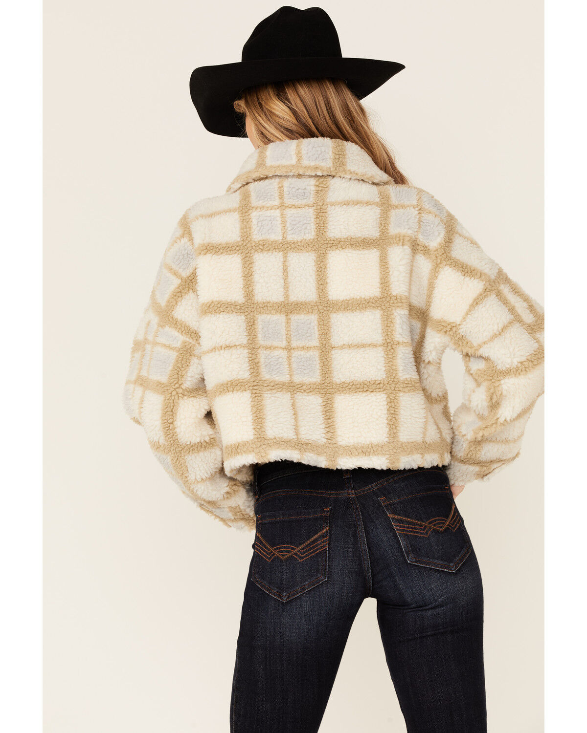 Image #3 - Vigoss Women's Ivory Grid Print Cropped Sherpa Jacket, Ivory, hi-res