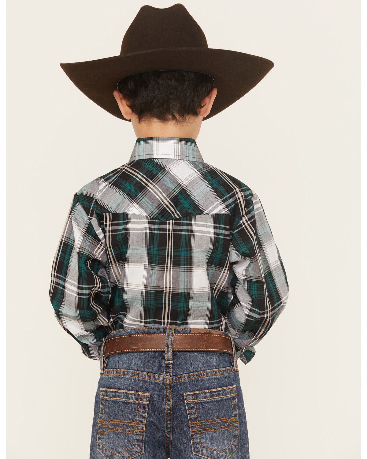 Image #4 - Ely Walker Boys' Plaid Print Long Sleeve Pearl Snap Western Shirt, Green, hi-res