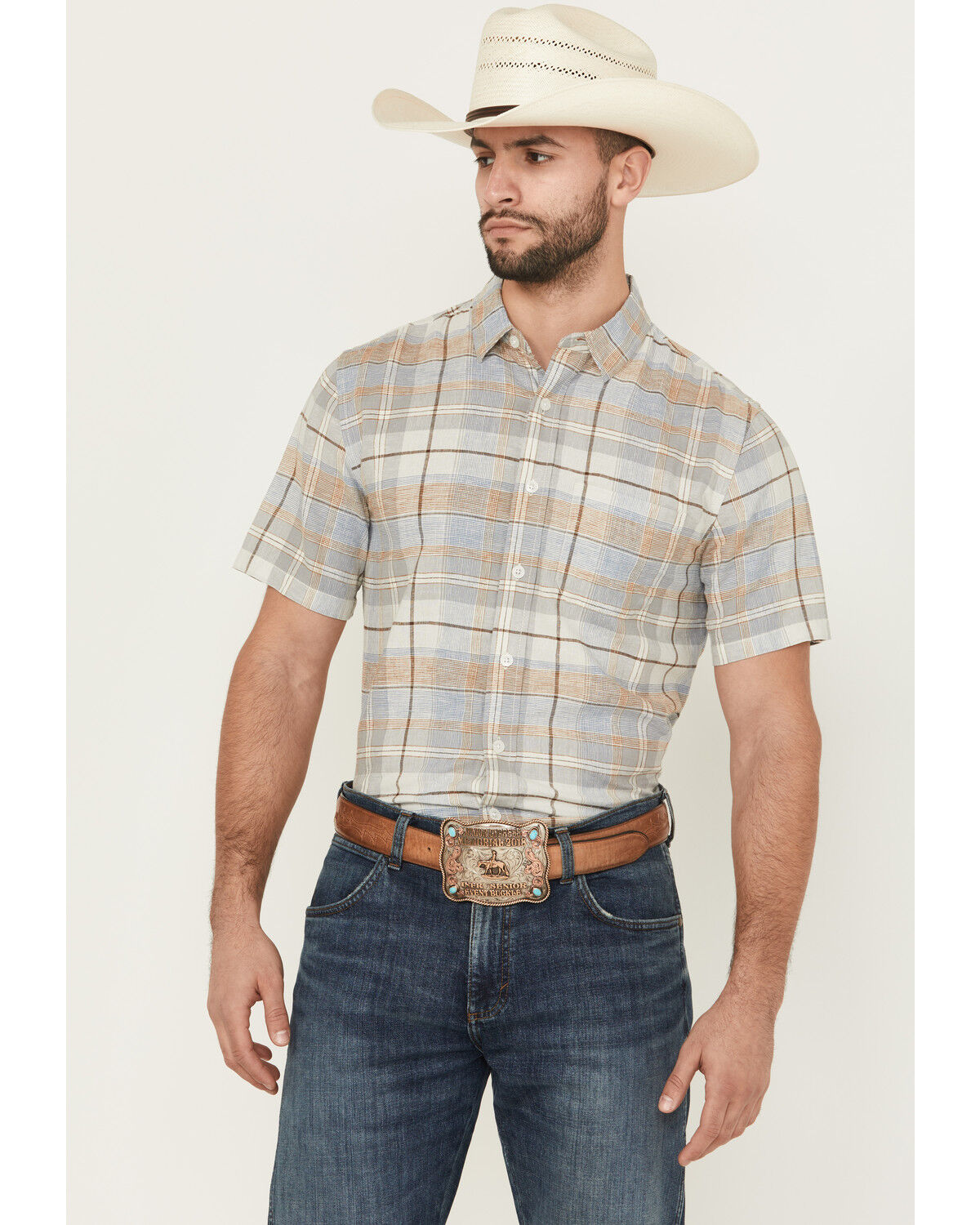 Image #1 - Pendleton Men's Dawson Plaid Print Short Sleeve Button-Down Linen Shirt, Grey, hi-res