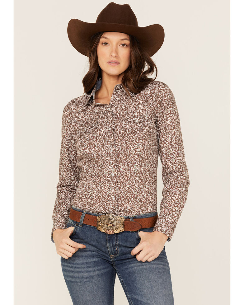 Roper Women's Floral Chambray Western Snap Shirt, Brown, hi-res