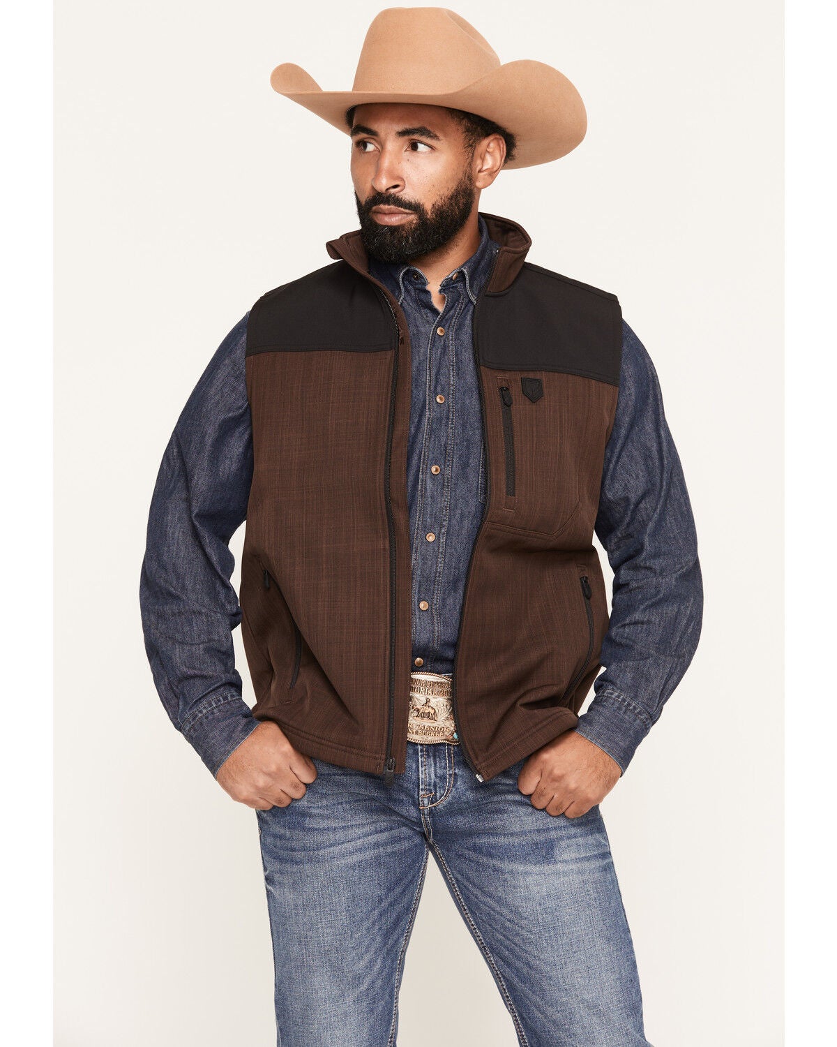 Image #1 - RANK 45&reg; Men's Lakewood Color Block Softshell Vest, Coffee, hi-res