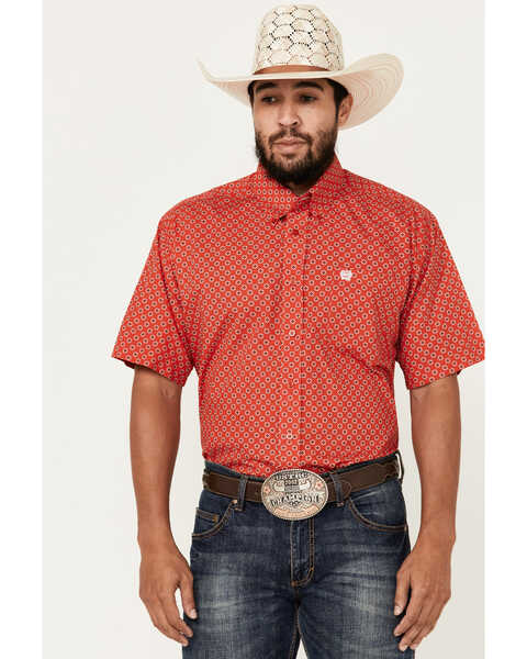 Cinch Men's Geo Print Short Sleeve Button-Down Western Shirt - Big , Red, hi-res