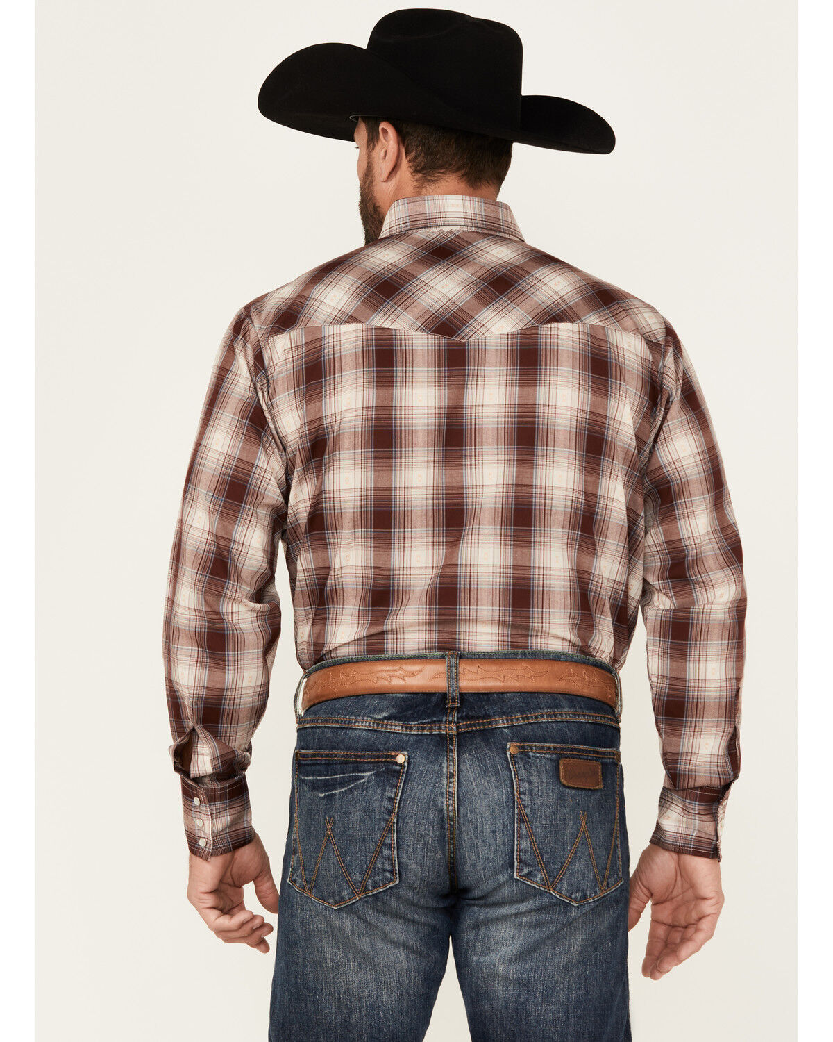 Image #4 - Ely Walker Men's Plaid Print Long Sleeve Pearl Snap Western Shirt, Burgundy, hi-res