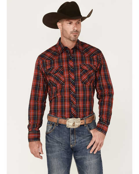 Wrangler Men's Plaid Print Long Sleeve Snap Western Shirt, Red, hi-res