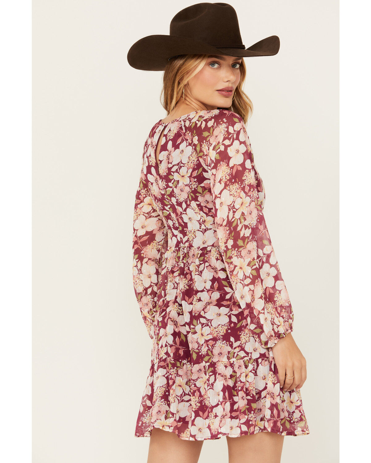 Image #4 - En Creme Women's Floral Cutout Long Sleeve Mini Dress, Pink, hi-res