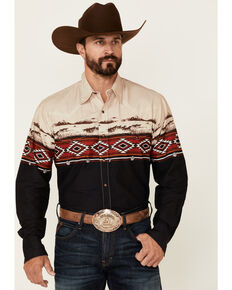 Roper Men's Open Range Southwestern Border Print Long Sleeve Snap Western Shirt , Black, hi-res