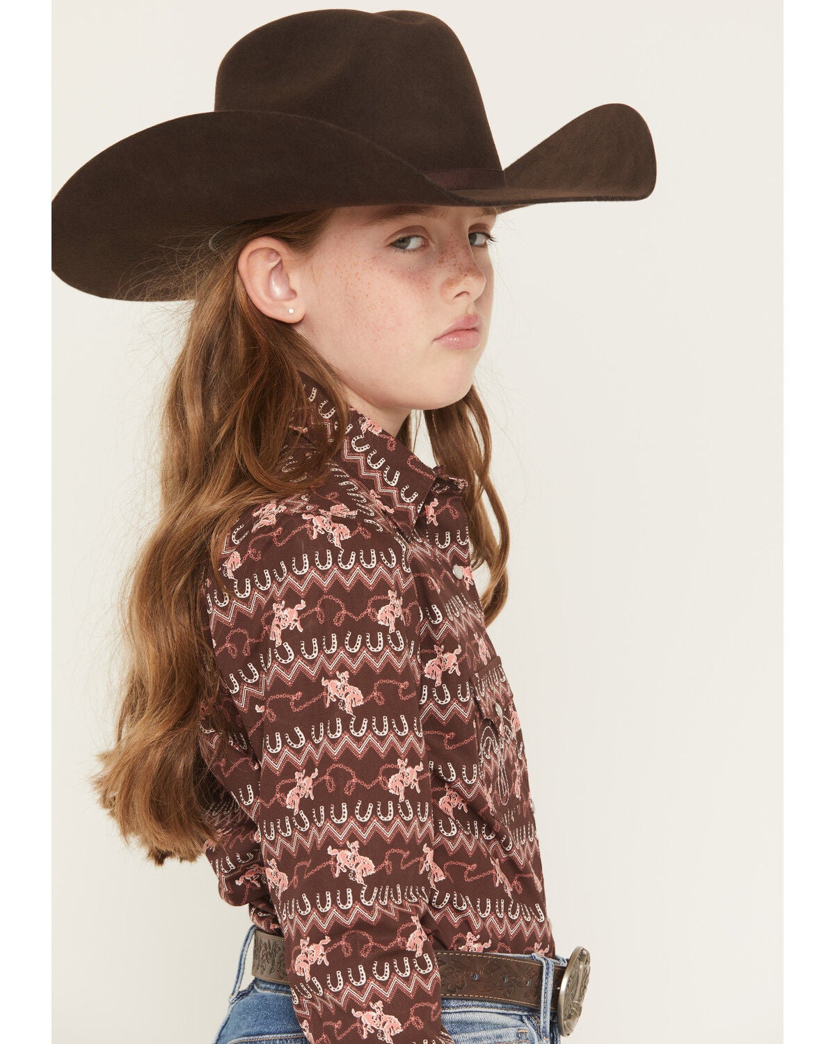 Image #2 - Panhandle Girls' Horse Print Long Sleeve Snap Western Shirt, Brown, hi-res