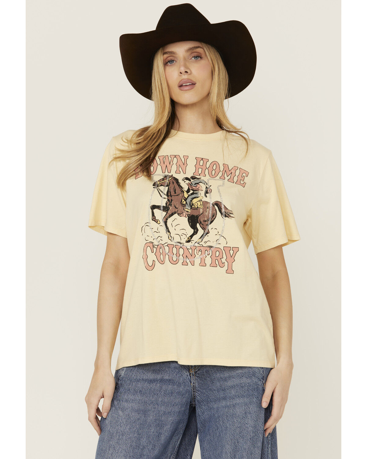 Image #1 - Shyanne Women's Rhinestone Horseshoe Short Sleeve Graphic Tee, Yellow, hi-res