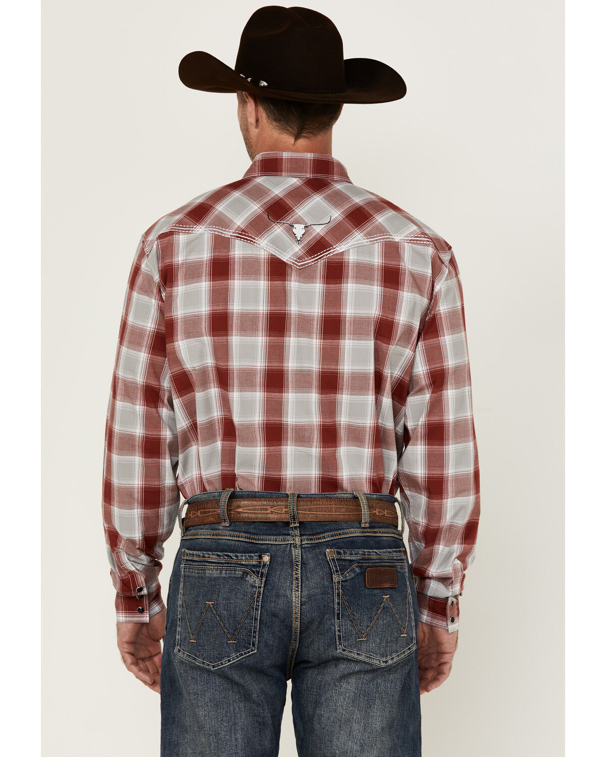 Image #4 - Cowboy Hardware Men's Plaid Print Long Sleeve Snap Western Shirt, Red, hi-res