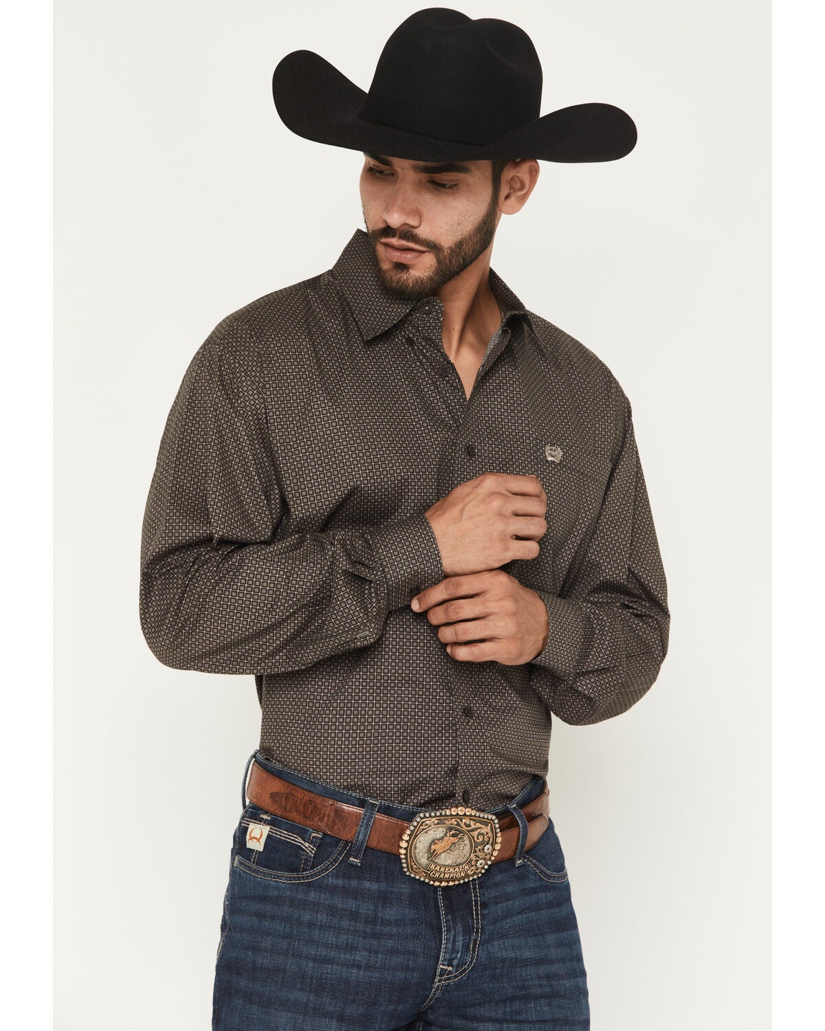 Image #1 - Cinch Men's Micro Geo Print Long Sleeve Button-Down Stretch Western Shirt, Brown, hi-res