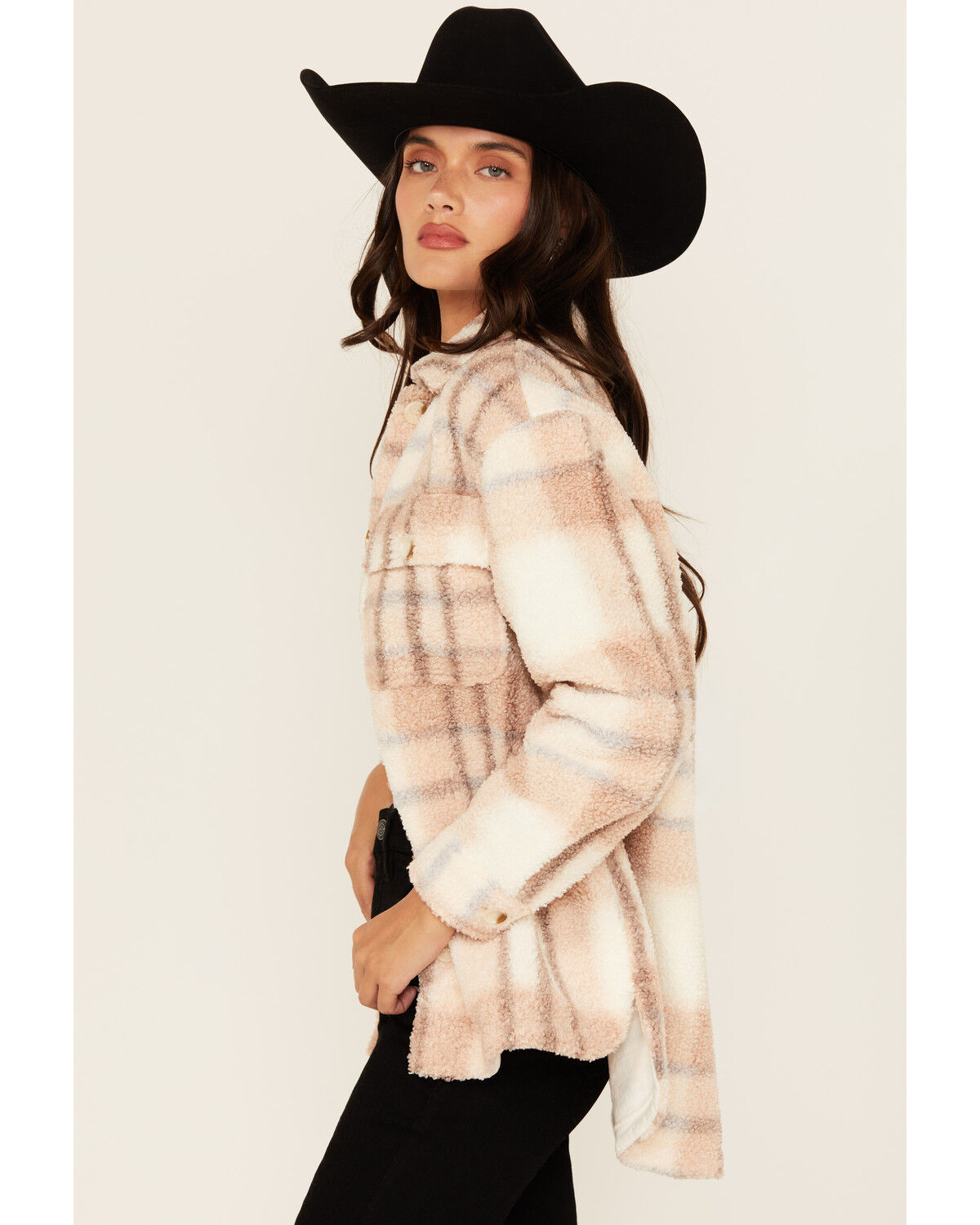Image #2 - 26 International Women's Plaid Print Sherpa Shacket, Tan, hi-res