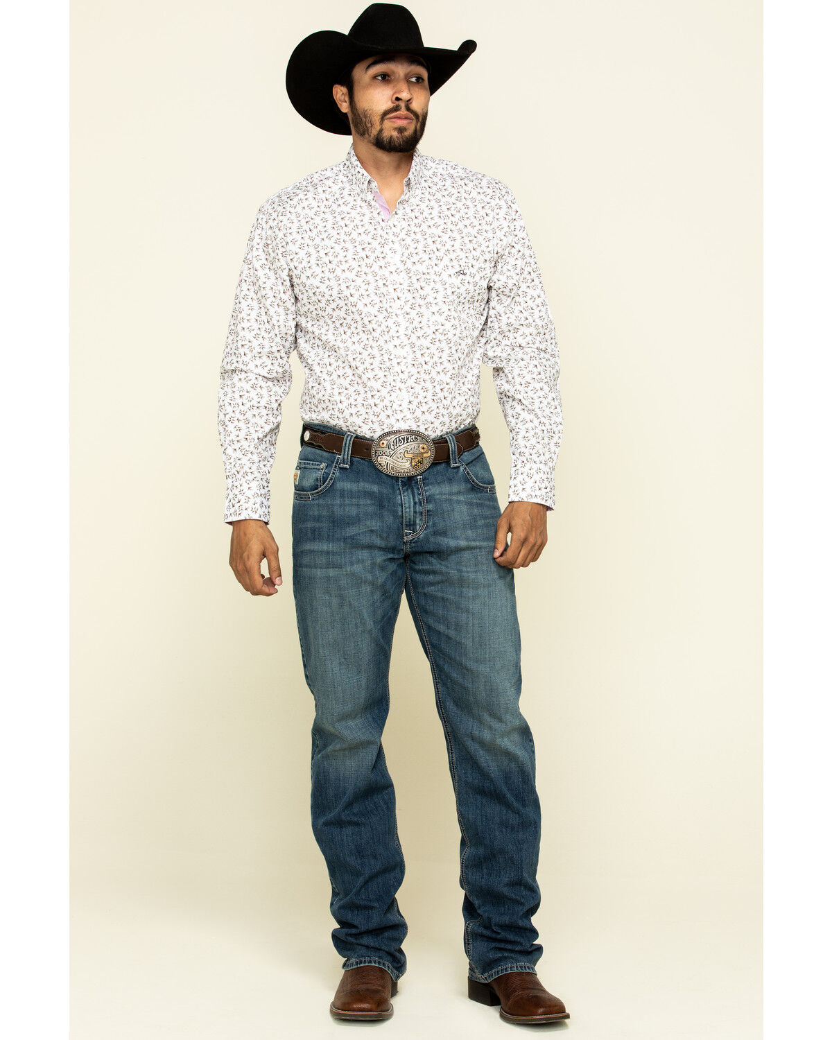 Image #6 - Resistol Men's White Palmetto Floral Print Long Sleeve Western Shirt, White, hi-res