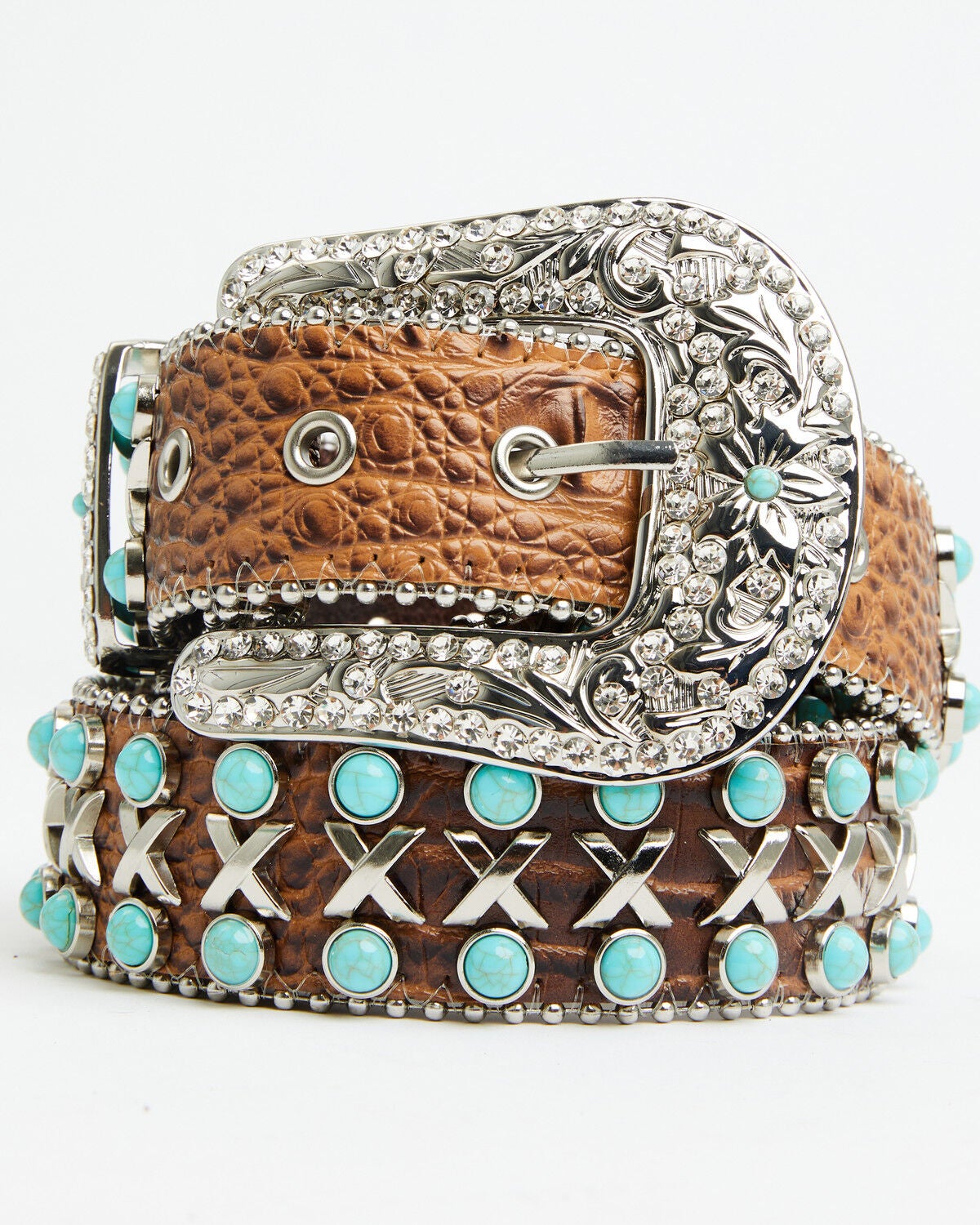 Image #1 - Shyanne Women's Embellished Croc Print Studded Leather Belt, Brown, hi-res