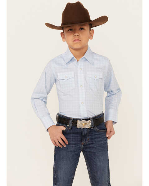 Wrangler 20X Boys' Advanced Comfort Checkered Print Long Sleeve Pearl Snap Stretch Western Shirt , Light Blue, hi-res
