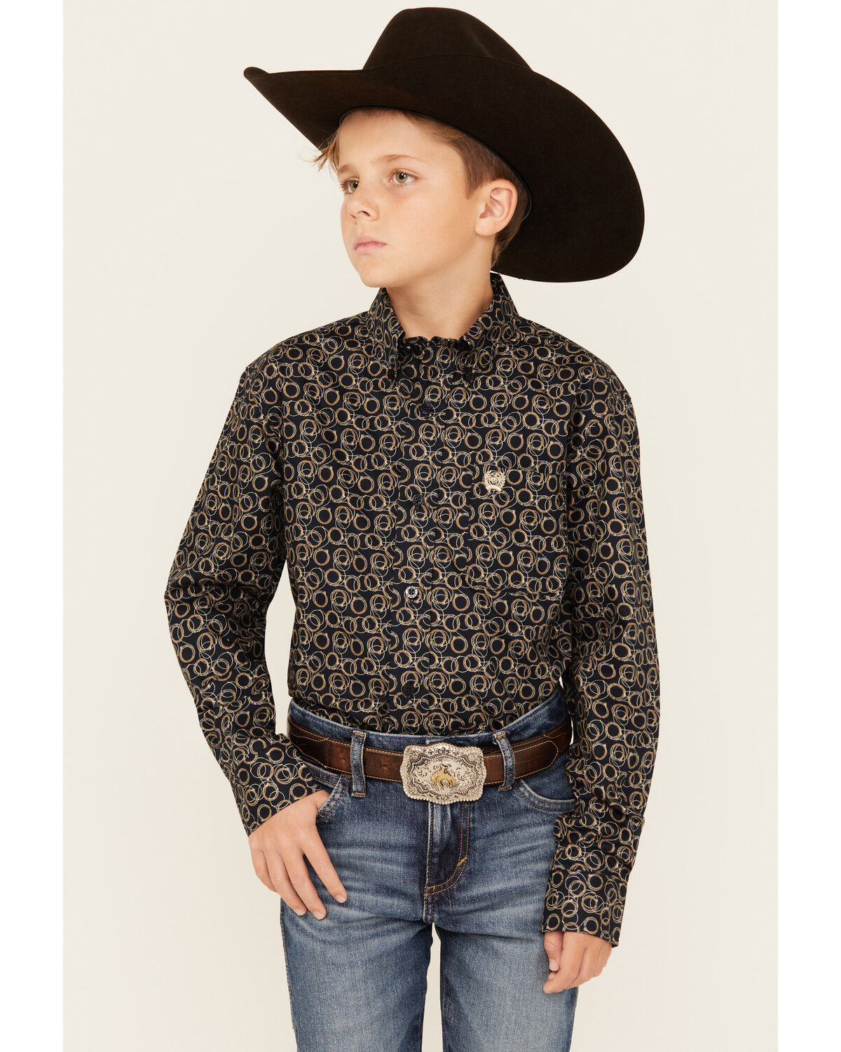 Image #1 - Cinch Boys' Geo Print Long Sleeve Button-Down Western Shirt, Navy, hi-res